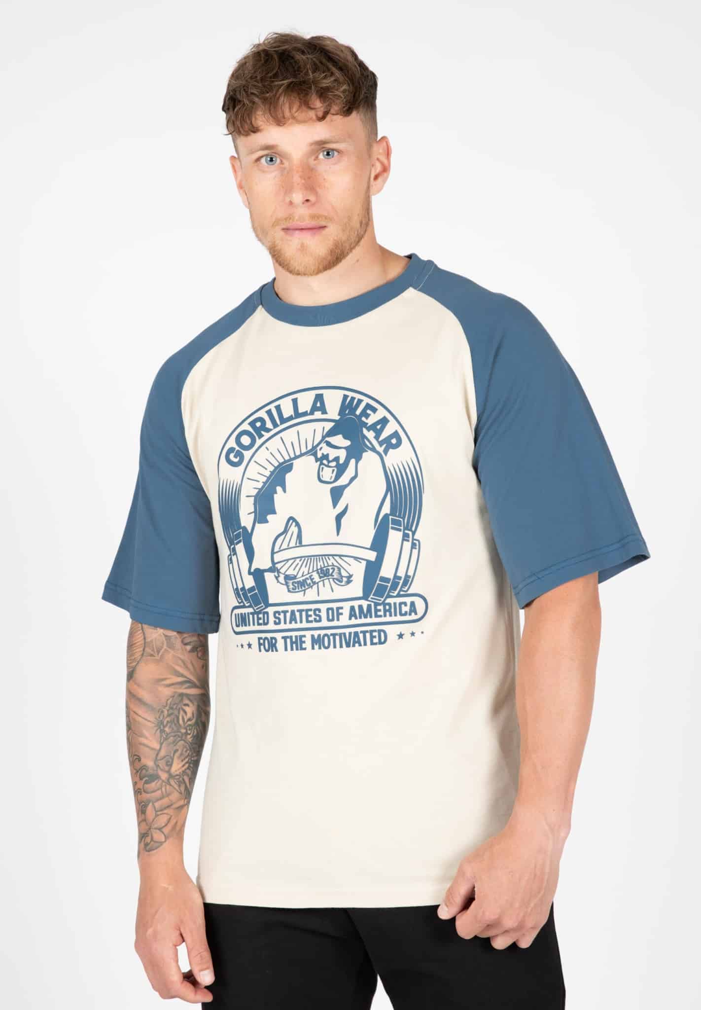 Logan Oversized T-Shirt - Beige / Blau bei Gorilla Wear Deutschland kaufen